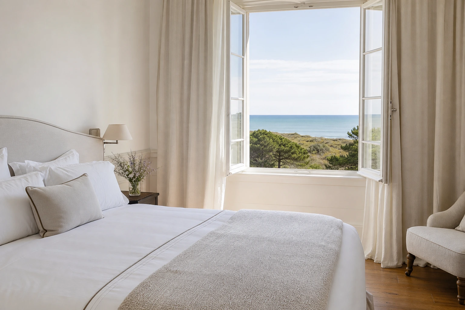 Chambre soignée d'une location saisonnière avec linge de lit blanc impeccable