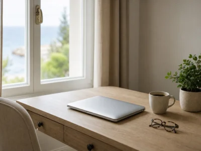 Bureau clair et ordonné dans une maison du littoral, ordinateur portable fermé