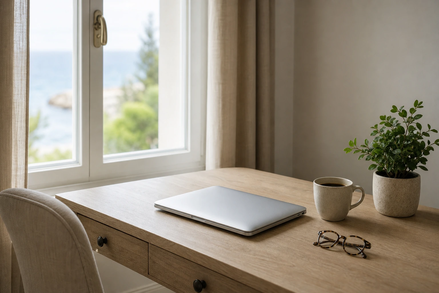 Bureau clair et ordonné dans une maison du littoral, ordinateur portable fermé